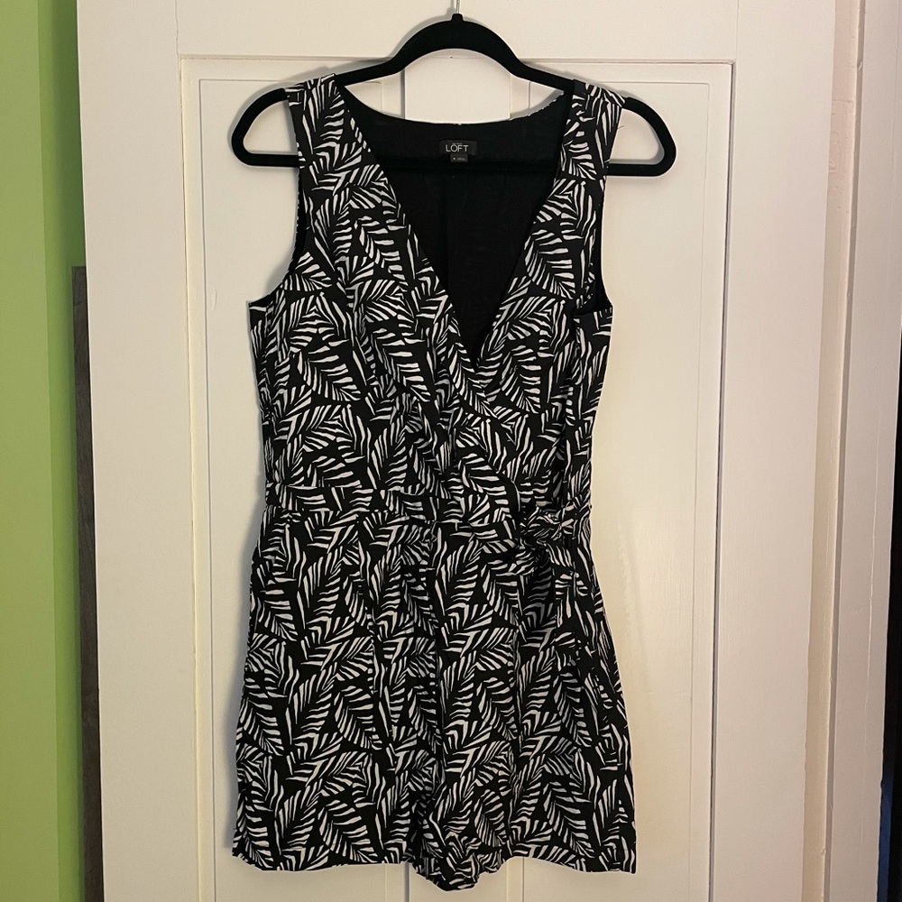 Loft black and white palm print surplice romper